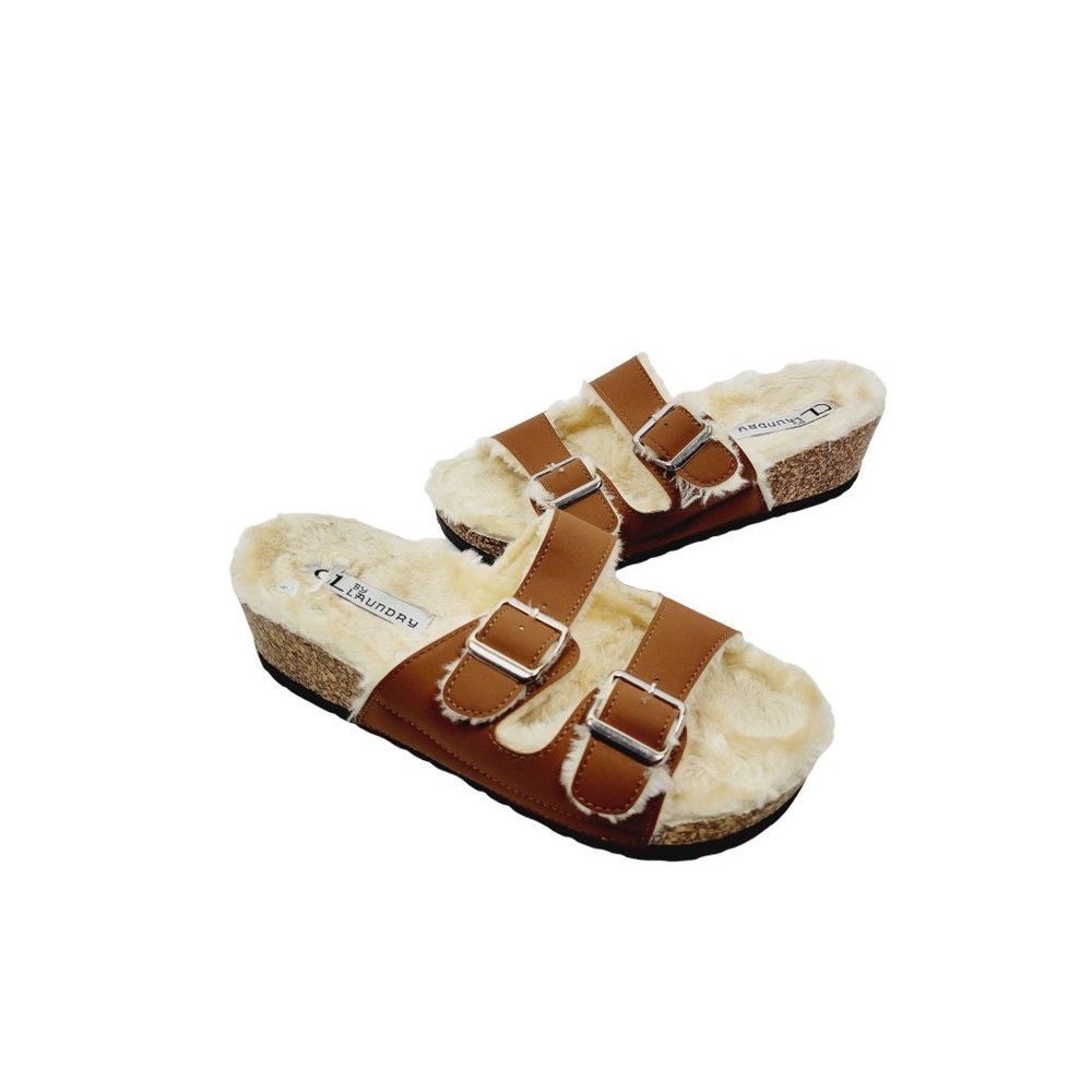 CL By laundry brown Furry Fuzzy corky Sandals slide euro 39
